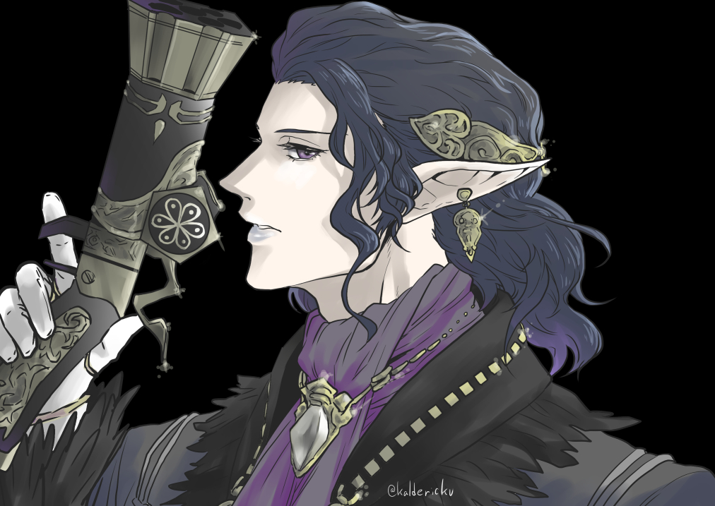 1boy ascot black_background black_hair blue_lips earrings elf elvaan final_fantasy final_fantasy_xi glint gloves gold_earrings gold_necklace gun hand_up holding holding_gun holding_weapon jewelry luzaf male_focus medium_hair multiple_rings necklace parted_lips pointy_ears purple_ascot purple_eyes ring saginada simple_background sparkle trigger_discipline twitter_username upper_body wavy_hair weapon white_gloves