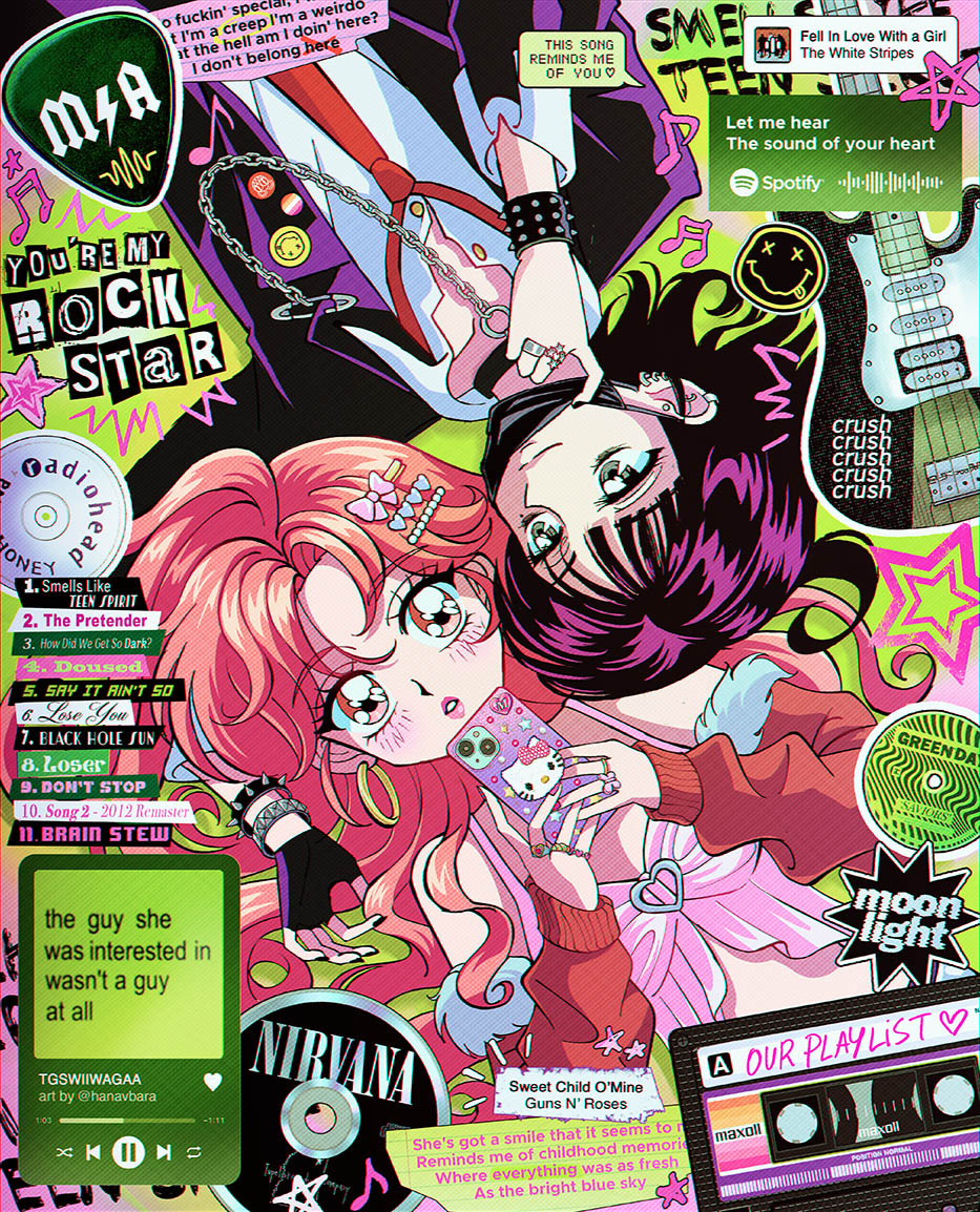 2girls black_hair blush bracelet cd_case cellphone ear_piercing earrings electric_guitar english_text green_background green_day green_eyes guitar guns_n&#039;_roses hair_ornament hanavbara hello_kitty hello_kitty_(character) holding holding_phone hoop_earrings instrument jewelry kininatteru_hito_ga_otoko_ja_nakatta koga_mitsuki long_hair mole mole_under_eye multiple_girls musical_note nirvana_(band) oosawa_aya phone piercing pink_eyes pink_hair pink_shirt plectrum punk radiohead_(band) ring sanrio shirt short_hair smartphone smile spotify star_(symbol)