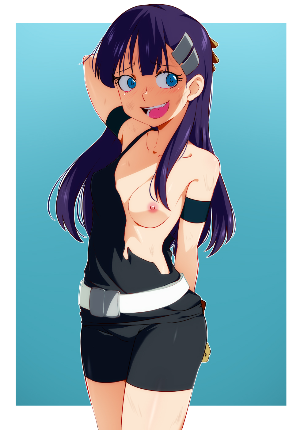 1girl arm_behind_back arm_behind_head arm_up armband bare_shoulders belt belt_buckle bike_shorts blue_eyes blush breasts buckle collarbone cowboy_shot dirty female_focus gloves hair_ornament highres jcm2 kiyal_bachika legs_together long_hair looking_at_viewer medium_breasts nipples one_breast_out open_mouth outside_border purple_hair short_shorts shorts simple_background smile solo standing teeth tengen_toppa_gurren_lagann tongue torn_clothes upper_teeth_only