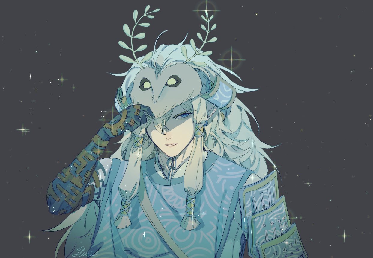 1boy adjusting_mask armor blue_eyes grey_background japanese_armor link long_hair mask mystic_set_(zelda) nintendo pu_hegg shoulder_armor shoulder_plates simple_background sode solo sparkle the_legend_of_zelda the_legend_of_zelda:_tears_of_the_kingdom upper_body wig