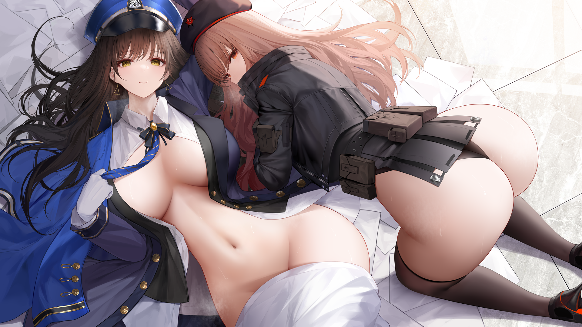 2girls all_fours an_yasuri ass bad_id bad_pixiv_id bare_hips beret black_hair black_hat black_jacket black_leotard blue_hat blue_jacket blue_necktie breasts breasts_apart brown_hair closed_mouth curvy diesel_(nikke) earrings gloves goddess_of_victory:_nikke hat highres jacket jewelry large_breasts leotard long_hair long_sleeves looking_at_viewer looking_back lying military military_hat military_uniform multiple_girls navel necktie no_panties on_back open_clothes open_jacket open_shirt papers rapi_(nikke) red_eyes shirt sweat thighhighs triangle_earrings white_gloves white_shirt wide_hips yellow_eyes