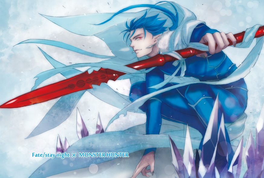 1boy blue_hair cape crossover cu_chulainn_(fate) cu_chulainn_(fate/stay_night) earrings fate/stay_night fate_(series) gae_bolg_(fate) jewelry jun_(ash) long_hair male_focus monster_hunter_(series) polearm red_eyes solo spear weapon