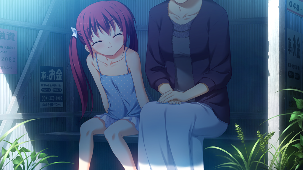 2girls aged_down bare_shoulders bench black_jacket blue_camisole bow breasts bus_stop camisole character_request check_character closed_eyes closed_mouth collarbone day feet_out_of_frame fumio_(ura_fmo) game_cg grey_shirt grisaia_(series) grisaia_no_kajitsu hair_bow hands_on_lap jacket lace lace-trimmed_shirt lace_trim long_hair long_skirt medium_breasts miniskirt multiple_girls non-web_source official_alternate_hairstyle on_bench outdoors plant pleated_skirt shirt sitting skirt smile suou_amane suou_kotone ticket twintails white_bow white_skirt