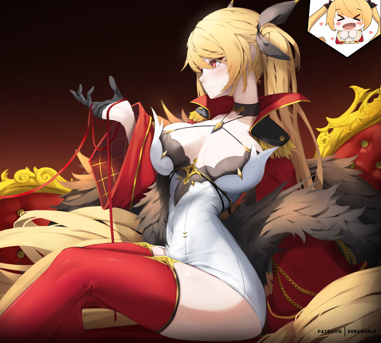 >_< 1girl absurdly_long_hair artist_name azur_lane black_choker black_gloves blonde_hair breasts breasts_apart cape choker cleavage covered_navel dress epaulettes feet_out_of_frame fur-trimmed_cape fur_trim gloves gradient_background half_gloves high_collar large_breasts long_hair microdress nelson_(azur_lane) nelson_(retrofit)_(azur_lane) orange_eyes red_thighhighs retrofit_(azur_lane) simple_background solo sonaworld speech_bubble string string_of_fate taut_clothes taut_dress thighhighs thought_bubble twintails very_long_hair white_dress zettai_ryouiki