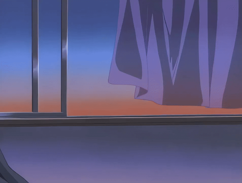 00s 1girl 2001 animated animated_gif anime_screenshot ass bedroom bible_black bible_black_night_of_the_walpulgiss black_thighhighs brown_hair curtains green_eyes hair_ornament hugging_own_legs imari_kurumi long_hair minase_taki open_window pillow school_uniform shirt side_ponytail skirt sunset tagme thighhighs wind window