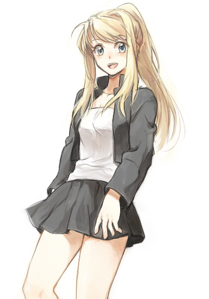1girl :d bare_legs black_skirt blonde_hair blue_eyes cowboy_shot female_focus fullmetal_alchemist happy jacket long_hair looking_at_viewer open_mouth ponytail riru shirt simple_background skirt smile solo thighs upper_body white_background white_shirt winry_rockbell