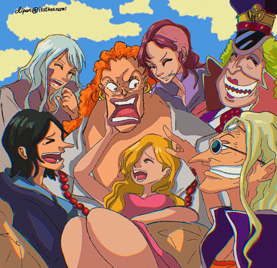 &gt;_&lt; 6+girls ^_^ banchina bandaid bandaid_on_face bellemere blonde_hair cigarette closed_eyes commentary curly_dadan dr._kureha dress earrings english_commentary green_hair hair_over_one_eye hat itstheenami jewelry kokoro_(one_piece) long_nose multiple_girls necklace nico_olvia one_piece pearl_necklace pink_dress sidelocks sky smile sunglasses twitter_username vinsmoke_sora white_hair