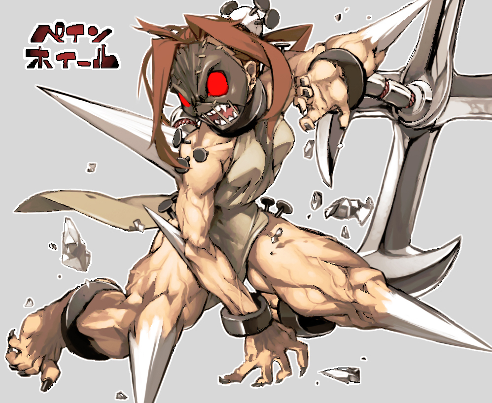 1girl 2016 black_nails brown_hair cuffs debris grey_background mask muscular muscular_female nail_polish open_mouth painwheel_(skullgirls) red_eyes shackles sharp_teeth skullgirls solo teeth ysk!
