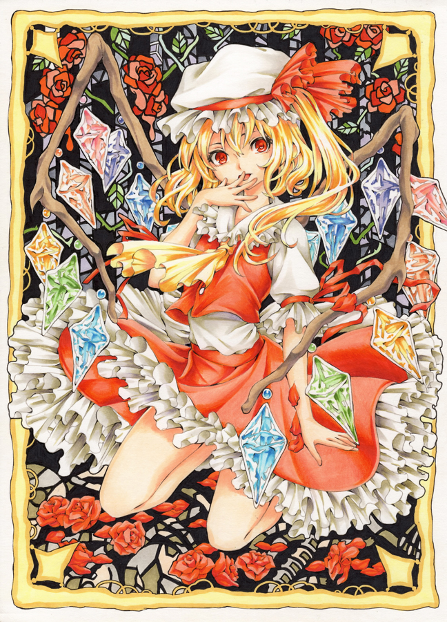 1girl ascot bad_id bad_pixiv_id blonde_hair border female_focus flandre_scarlet flower frills hat hat_ribbon kneeling licking licking_finger looking_at_viewer mob_cap olmatown petals puffy_short_sleeves puffy_sleeves red_eyes ribbon rose short_hair short_sleeves side_ponytail skirt skirt_set solo touhou wings
