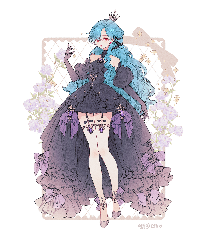1girl anklet bare_shoulders black_dress black_gloves blue_hair bow commentary commission crown dress earrings elbow_gloves floral_background flower frilled_dress frills full_body garter_straps gem gloves hair_ornament jewelry leg_bow lemon89h long_hair looking_at_viewer mini_crown original purple_bow purple_brooch purple_dress purple_flower purple_gemstone red_eyes rococo_movement short_sleeves solo standing striped_background thighhighs wavy_hair