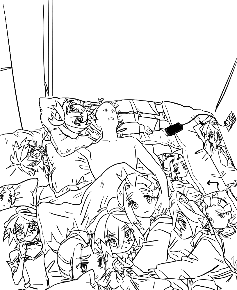 1boy bald character_print closed_eyes collarbone commentary dakimakura_(object) drooling electric_plug electrical_outlet from_above greyscale indoors kieran_(pokemon) lying male_focus monochrome nintendo on_back pillow pokemon pokemon_sv print_pillow saesoon_dobby symbol-only_commentary topless_male under_covers