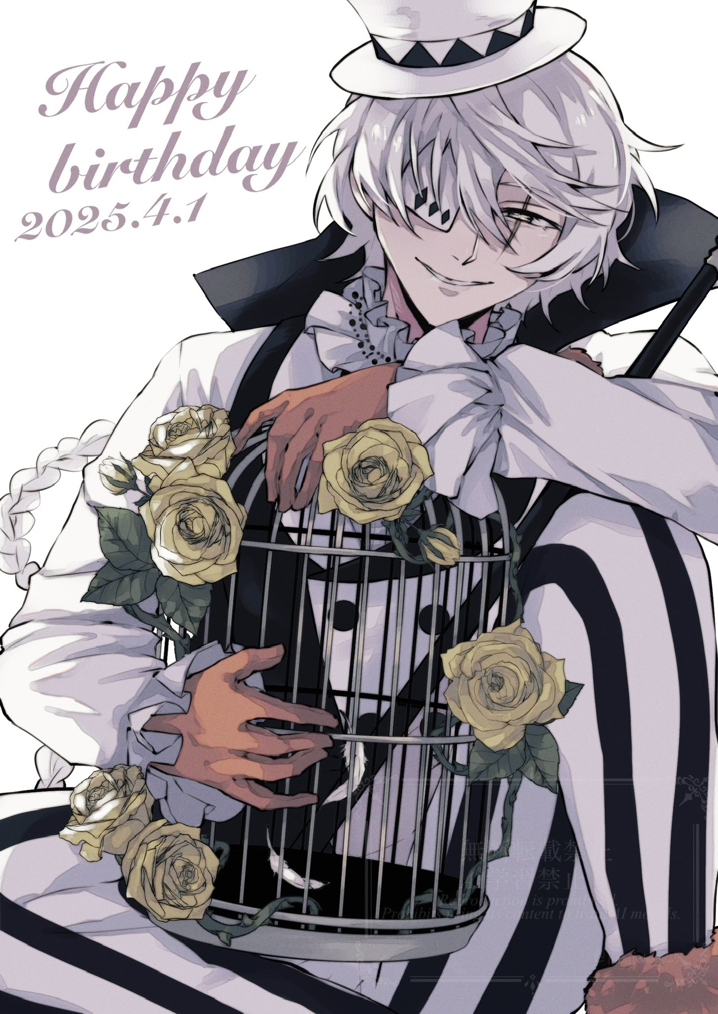 1boy birdcage black_pants black_vest braid bungou_stray_dogs cage cape dated eyepatch feathers flower frilled_shirt_collar frilled_sleeves frills gloves grey_eyes hair_between_eyes happy_birthday hat highres holding holding_cage kanitamago25 long_hair long_sleeves male_focus multicolored_pants multicolored_vest nikolai_gogol_(bungou_stray_dogs) pants parted_lips rose scar scar_across_eye scar_on_face shirt simple_background single_braid sitting smile solo striped_clothes striped_pants top_hat two-tone_pants two-tone_vest vertical-striped_clothes vertical-striped_pants vest watermark white_background white_hair white_hat white_pants white_shirt white_vest yellow_flower yellow_rose