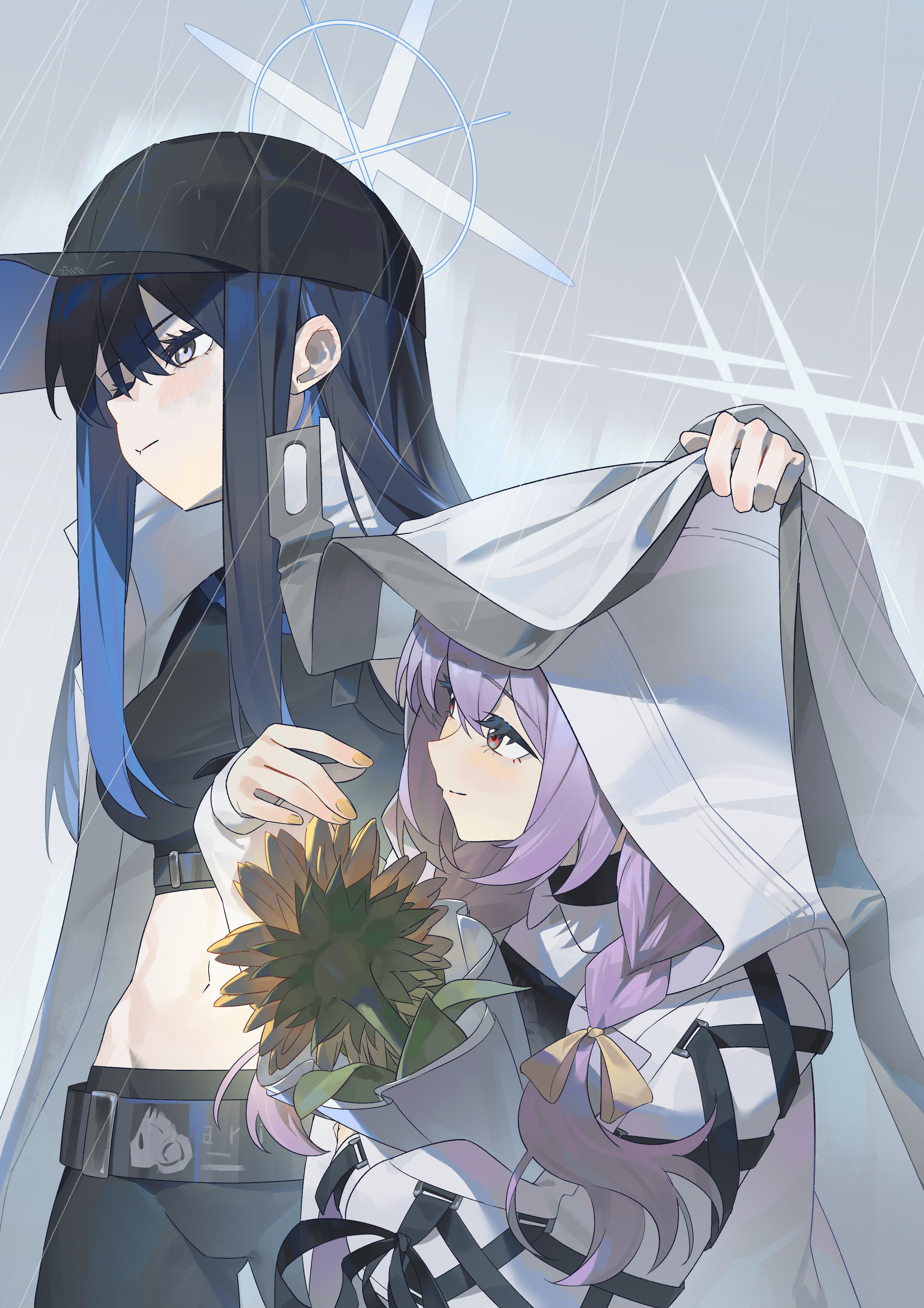 2girls absurdres atsuko_(blue_archive) baseball_cap belt black_belt black_hair black_hat black_pants black_shirt blue_archive blue_hair blue_halo blush braid breasts closed_mouth coat colored_inner_hair commentary_request cowboy_shot crop_top cross-laced_clothes cross-laced_sleeves ear_blush fingernails flower grey_eyes grey_halo hair_between_eyes hair_ribbon halo hat highres hood hood_up hooded_jacket improvised_umbrella jacket large_breasts long_fingernails long_hair long_sleeves multicolored_hair multiple_girls nail_polish pants puffy_long_sleeves puffy_sleeves purple_hair rain red_eyes ribbon saori_(blue_archive) shirt smile standing sunflower two-tone_hair white_coat white_hood white_jacket yellow_nails yellow_ribbon zidu_(9478296)