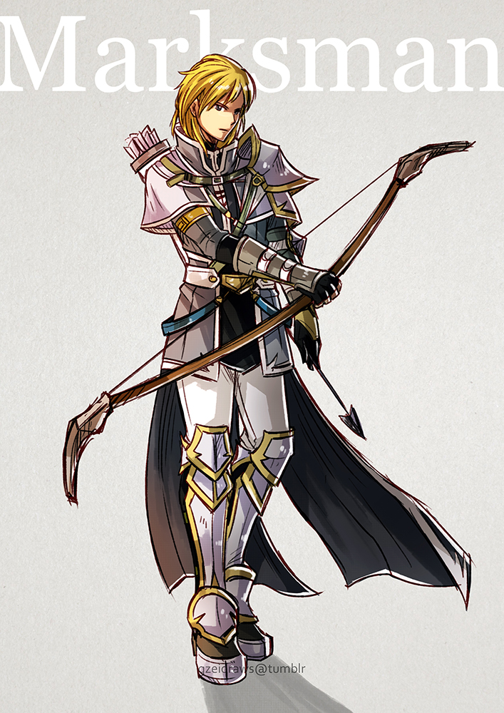 1boy armor bad_id bad_tumblr_id blonde_hair bow_(weapon) cape english_text fingerless_gloves fire_emblem fire_emblem:_path_of_radiance fire_emblem:_radiant_dawn full_body gloves gold_trim greaves holding holding_bow_(weapon) holding_weapon leonardo_(fire_emblem) looking_at_viewer male_focus nintendo pauldrons shoulder_armor solo tumblr_username weapon
