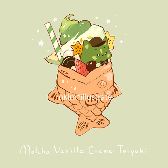 1other artist_name black_bow bow english_text fish food fruit gingerbread_cookie green_background matcha_(food) nadia_kim no_humans no_mouth original sparkle star_(symbol) strawberry sweets vanilla wafer_stick