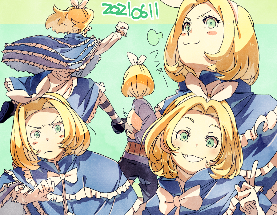 1girl :3 blonde_hair blue_capelet blue_skirt blush_stickers bow capelet classicaloid closed_mouth dated eyelashes frilled_capelet frills green_eyes grin hairband index_finger_raised kuga_hotaru long_sleeves looking_at_viewer multiple_views pyotr_illyich_tchaikovsky_(classicaloid) shirt short_hair skirt smile smug striped_clothes striped_thighhighs thighhighs white_bow white_hairband white_shirt