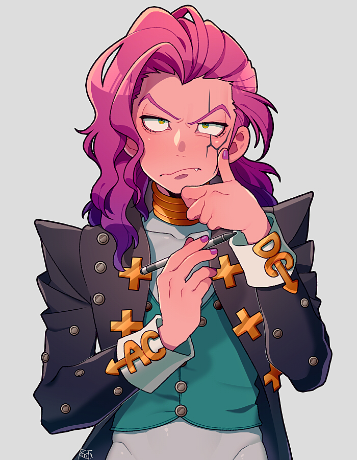 1boy black_coat blue_vest coat collarbone diamond_wa_kudakenai eyelashes fang green_eyes grey_background grey_shirt jojo_no_kimyou_na_bouken kiri_futoshi long_hair long_sleeves male_focus otoishi_akira pink_hair purple_nails shirt sideburns signature simple_background solo thinking upper_body vest
