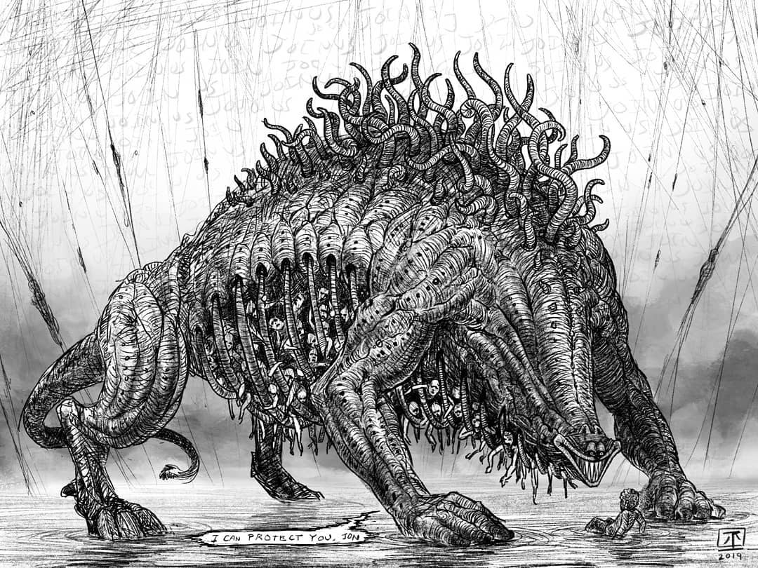 1boy 2019 all_fours animal_ears black_sclera body_horror bright_pupils cage cat cat_ears colored_sclera commentary corpse dated death eldritch_abomination english_commentary evil_smile garfield horrified horror_(theme) jon_arbuckle jr_(jarsarts) leaning_forward lying on_back prison ribs simple_background smile speech_bubble tentacles white_pupils wire