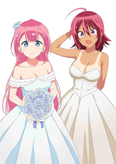 2girls bare_shoulders bokutachi_wa_benkyou_ga_dekinai breasts cleavage closed_mouth dress ishii_hisao kirisu_mafuyu large_breasts long_hair looking_at_viewer multiple_girls official_art open_mouth simple_background smile strapless strapless_dress takemoto_uruka tan tanline wedding_dress white_background white_dress
