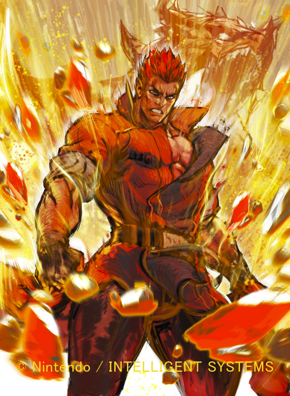 1boy alt_text belt dark_skin dragon fingerless_gloves fire fire_emblem fire_emblem:_radiant_dawn fire_emblem_cipher gareth_(fire_emblem) gloves hiroaki_(kof) male_focus muscular nintendo official_art open_clothes open_shirt orange_eyes red_hair rock solo teeth