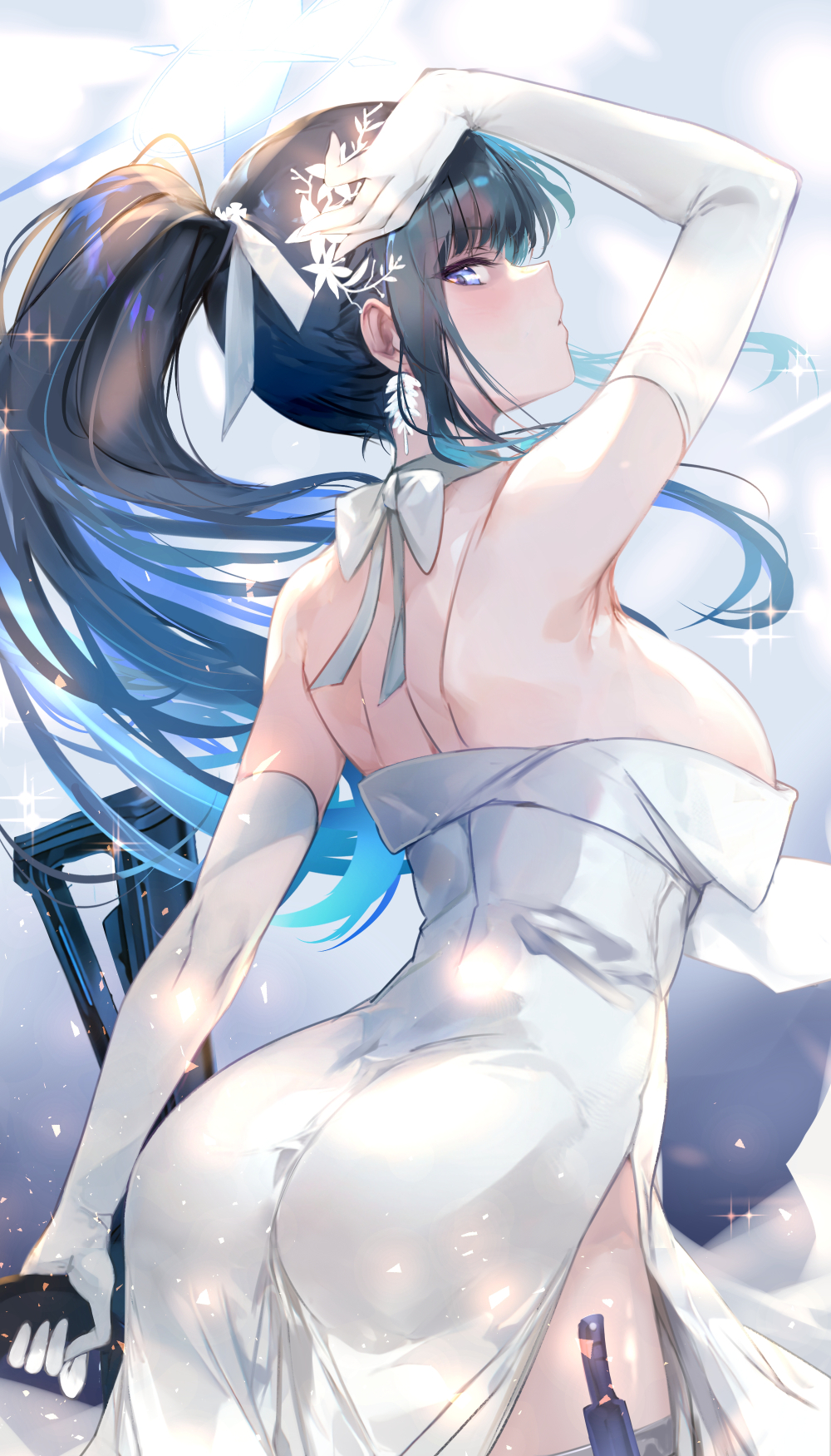1girl arm_up armpit_crease armpits ass black_hair blue_archive blue_eyes blue_hair blue_halo breasts choker closed_mouth colored_inner_hair commentary_request dress elbow_gloves from_behind gloves gun hair_ornament halo highres holding holding_gun holding_weapon holster knife_sheath large_breasts looking_at_viewer multicolored_hair official_alternate_costume official_alternate_hairstyle ponytail saori_(blue_archive) saori_(dress)_(blue_archive) sheath side_slit sideways_glance sig_516 solo strapless strapless_dress thigh_holster uu-tan_(hushigi10) weapon white_choker white_dress white_gloves