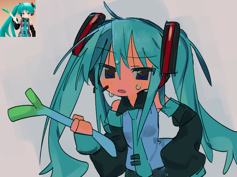 1girl black_sleeves blue_eyes blue_hair blue_necktie blue_shirt blush collared_shirt cosplay cowboy_shot detached_sleeves eezee56 figma figure furrowed_brow grey_background hair_ornament hand_on_own_hip hatsune_miku hatsune_miku_(cosplay) headset hiiragi_kagami long_hair looking_at_viewer lucky_star necktie open_mouth photo-referenced raised_eyebrow reference_inset shirt single_sleeve_past_fingers sleeveless sleeveless_shirt solo standing sweat twintails vocaloid