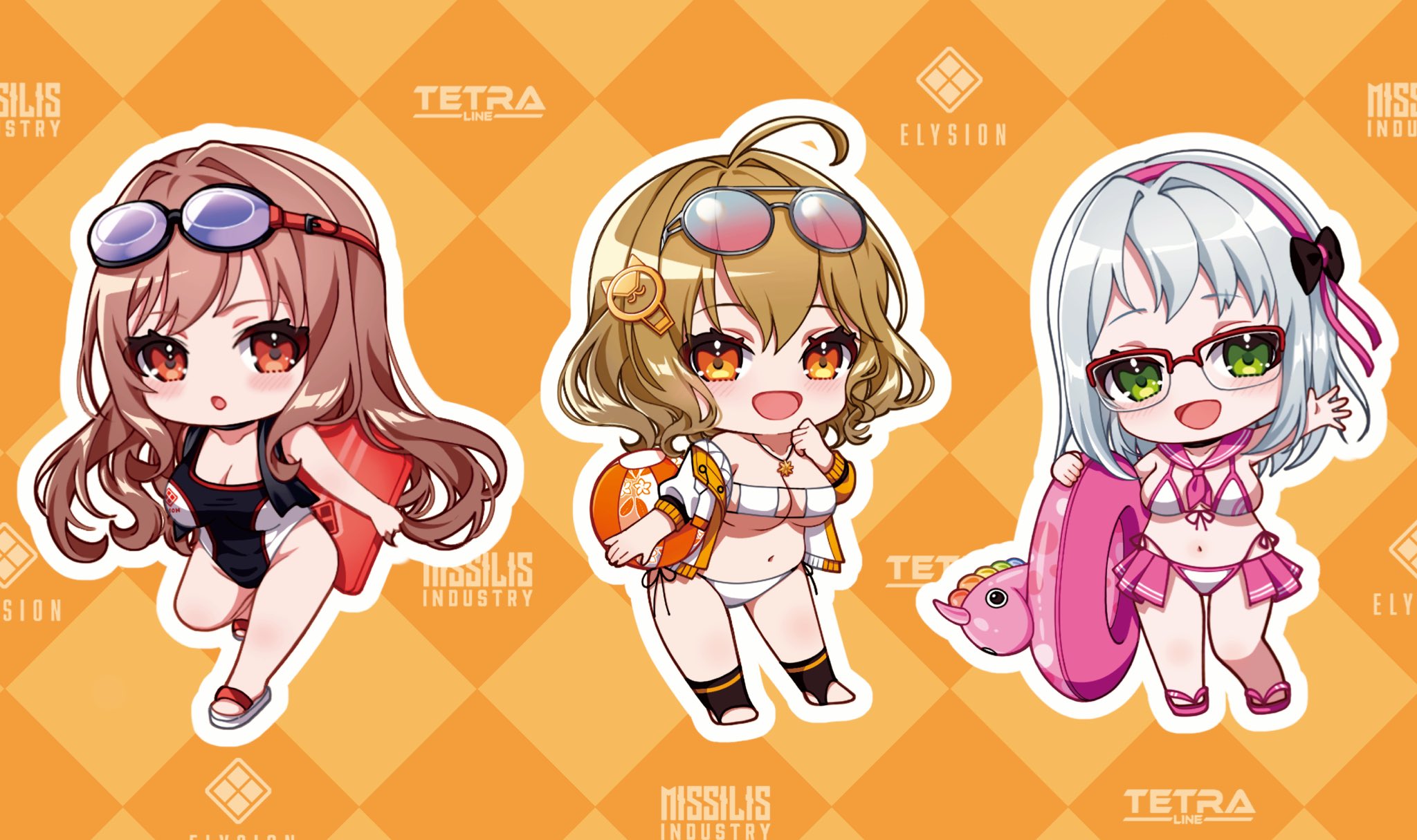 3girls ahoge anis_(nikke) anis_(sparkling_summer)_(nikke) bare_shoulders bikini bikini_skirt black_choker black_one-piece_swimsuit blonde_hair breasts chibi choker cleavage eyepatch_bikini eyewear_on_head front-tie_bikini_top front-tie_top glasses goddess_of_victory:_nikke goggles goggles_on_head green_eyes highres innertube jacket jewelry large_breasts long_hair multiple_girls necklace neon_(blue_ocean)_(nikke) neon_(nikke) off-shoulder_jacket off_shoulder official_alternate_costume one-piece_swimsuit orange_eyes orange_jacket pink-tinted_eyewear pink_sailor_collar rapi_(classic_vacation)_(nikke) rapi_(nikke) red-framed_eyewear red_eyes sailor_collar short_hair side-tie_bikini_bottom string_bikini sunglasses swim_ring swimsuit tinted_eyewear two-tone_swimsuit white_bikini white_hair white_one-piece_swimsuit yazuki_(n_y_0714)
