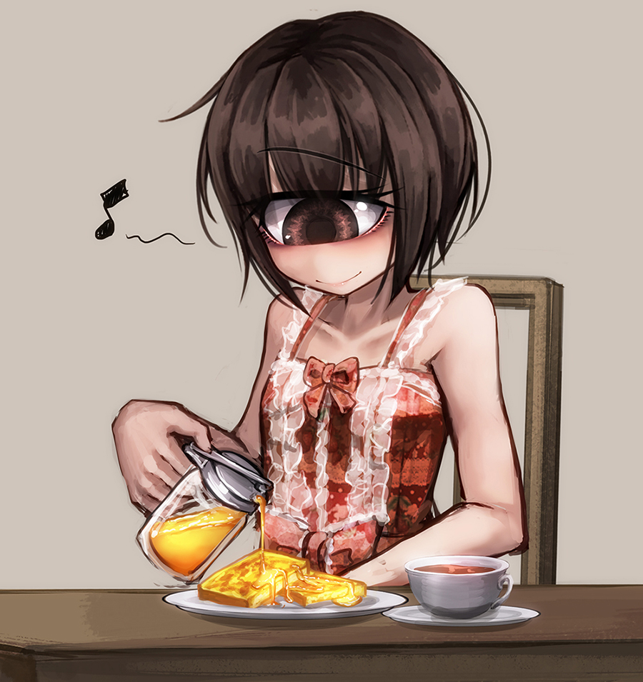 1girl bare_shoulders bread bread_slice brown_eyes brown_hair chair collarbone cup cyclops dress female_focus food french_toast hitomebore honey musical_note official_art one-eyed plate ray-k short_hair sleeveless sleeveless_dress solo table tea teacup toast usui_sachi