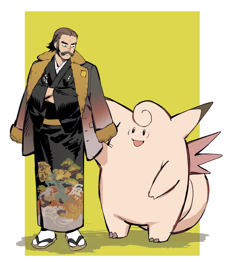 1boy beard black_hair brown_hair clefable crossed_arms facial_hair fur-trimmed_jacket fur_trim gen_1_pokemon jacket jacket_on_shoulders japanese_clothes kamado_(pokemon) looking_at_another male_focus mature_male mustache nintendo patterned_clothing pokemon pokemon_(creature) pokemon_legends:_arceus sandals short_hair sideburns simple_background tabi thick_eyebrows zoo_(oukakumaku)