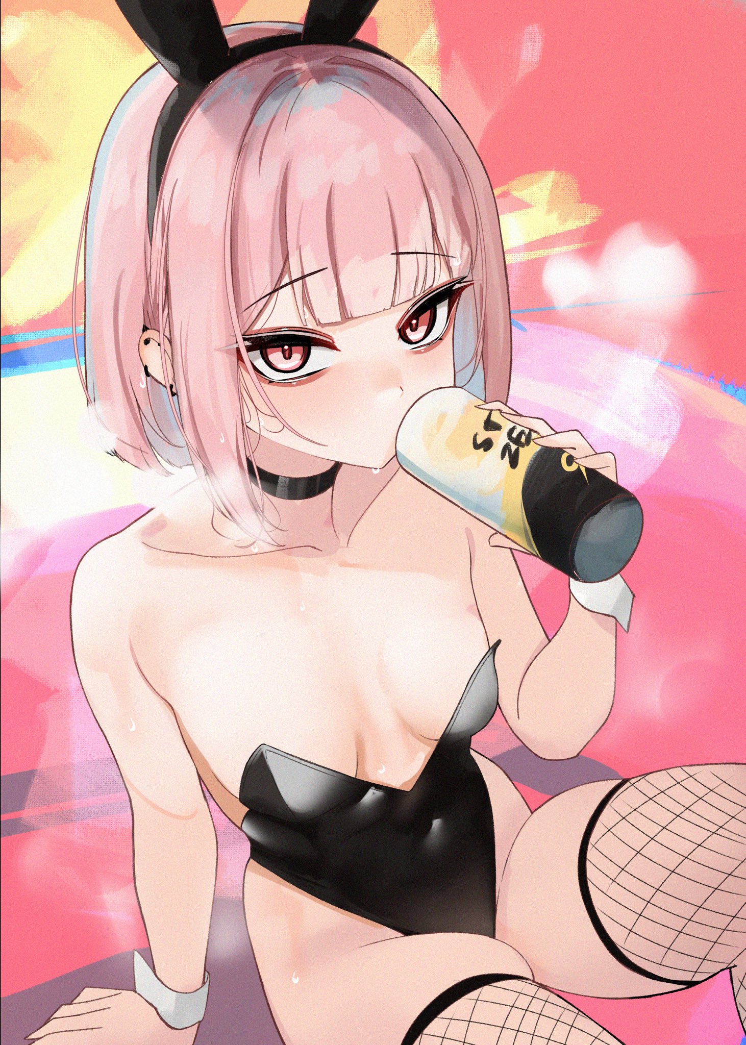 1girl animal_ears bare_shoulders black_choker black_leotard blunt_bangs bob_cut breasts choker cleavage collarbone commentary_request covered_navel fake_animal_ears fishnet_pantyhose fishnets from_above highres leotard looking_at_viewer multicolored_eyes orange_eyes original pantyhose pastel_colors playboy_bunny rifufu short_hair sitting small_breasts solo steam thighs yellow_eyes