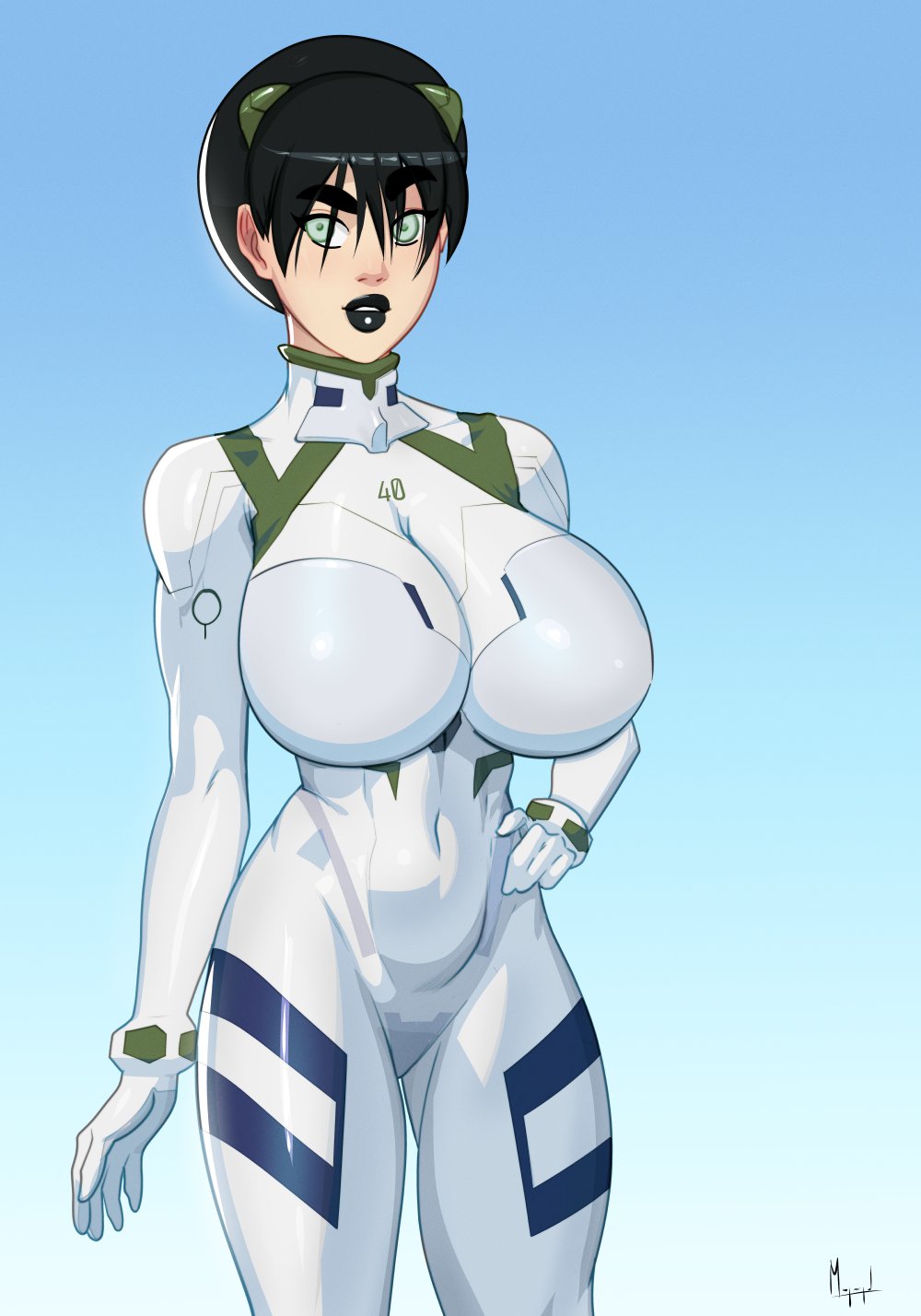 1girl avatar:_the_last_airbender avatar_legends black_hair black_lips bodysuit breasts cowboy_shot gradient_background green_eyes hair_between_eyes hand_on_own_hip highres impossible_clothes large_breasts lipstick looking_at_viewer makeup morganagod neon_genesis_evangelion short_hair standing thick_eyebrows toph_beifong