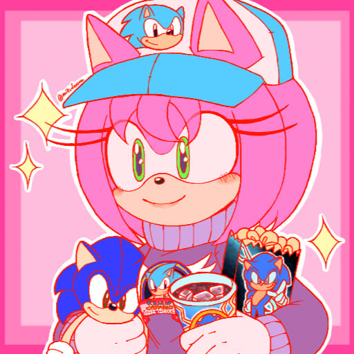 amy_rose blush cup disposable_cup fan food gloves green_eyes hat jacket medium_hair merchandise mikudecora_(artist) paramount_pictures pink_fur popcorn sega smile soda sonic_(live_action) sonic_(series) sonic_the_hedgehog sonic_the_hedgehog_(movie) stuffed_animal stuffed_toy toy