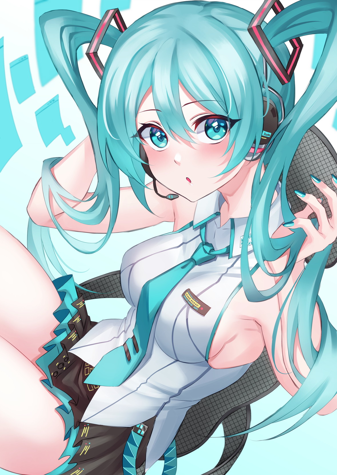 1girl :o aqua_eyes aqua_hair aqua_necktie armpits black_skirt blush breasts chair collared_shirt dutch_angle from_above hair_ornament hands_in_hair hands_up hatsune_miku hatsune_miku_(vocaloid3) headset highres inue_ao long_hair looking_at_viewer medium_breasts miniskirt nail_polish necktie office_chair parted_lips shirt sideboob sitting skirt sleeveless sleeveless_shirt solo swivel_chair thighs vocaloid white_shirt