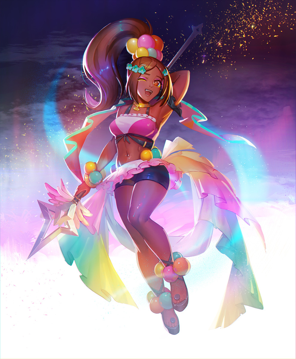 1girl ;d armpits bike_shorts bike_shorts_under_skirt black_shorts breasts brown_hair crop_top dark-skinned_female dark_skin eili_enie eyeliner fire_emblem fire_emblem_engage full_body hair_ornament high_ponytail highres holding holding_behind_back holding_polearm holding_polearm_behind_back holding_weapon holding_weapon_behind_back looking_at_viewer makeup medium_breasts midriff navel nintendo one_eye_closed open_mouth pink_eyeliner pink_skirt polearm ponytail red_eyes shorts skirt smile solo teeth timerra_(fire_emblem) weapon