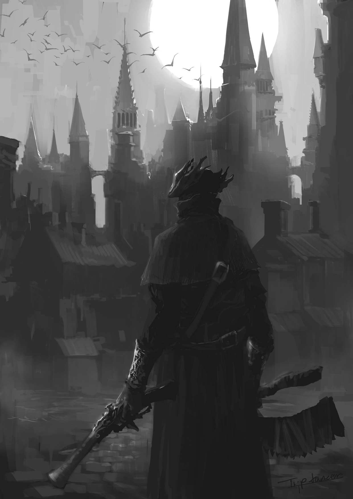 1other ambiguous_gender animal bird bloodborne capelet city gloves gun hat highres holding holding_gun holding_weapon hunter_(bloodborne) jacket long_sleeves moon outdoors saw saw_cleaver tricorne tripdancer weapon