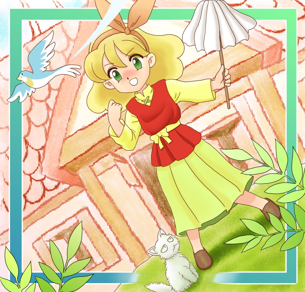 1980s_(style) 1girl blonde_hair bow brown_footwear cat chunpai commentary_request curly_hair ellen_fuwafuwaatama_aureus gohei green_eyes hair_bow hairband hatarakimono long_skirt long_sleeves medium_hair no_socks oldschool oonusa open_mouth pink_bow pink_hairband red_vest retro_artstyle sash shirt skirt takemoto_izumi_(style) vest white_cat yellow_bow yellow_sash yellow_shirt yellow_skirt