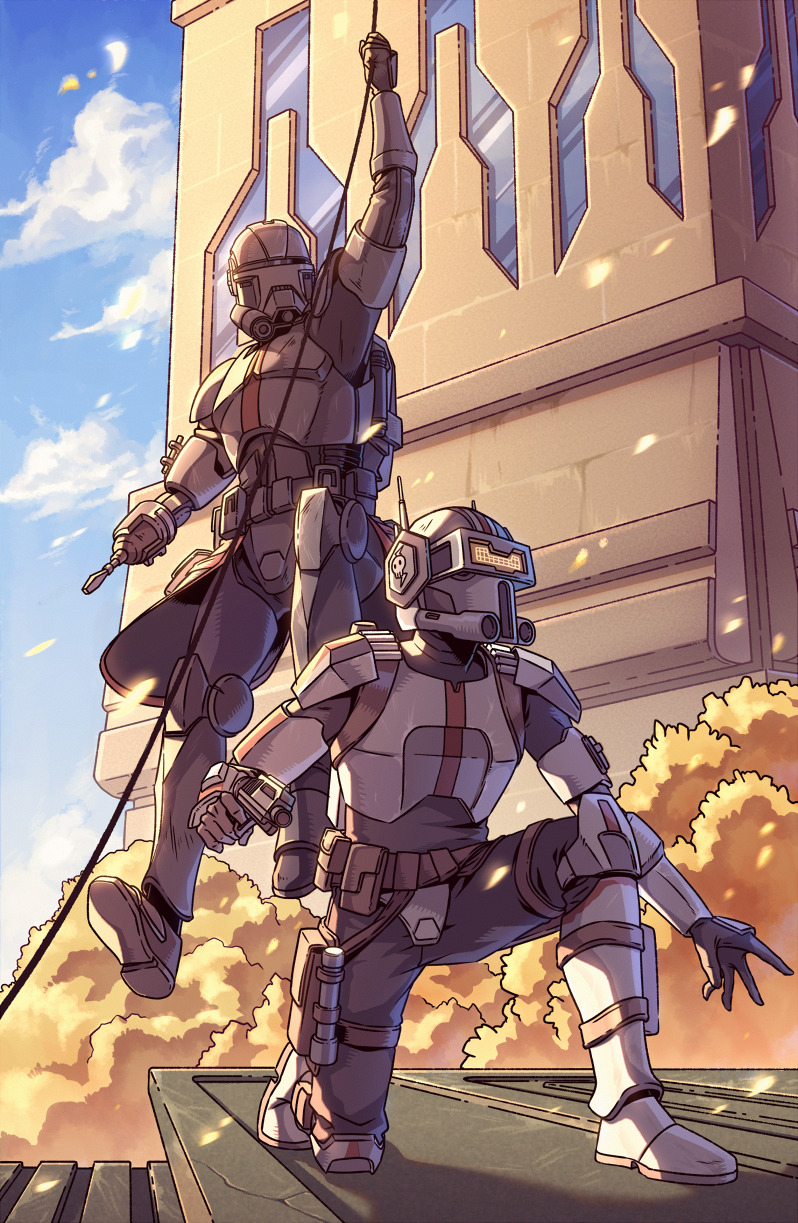2boys armor black_gloves cable clone_trooper cloud echo_(star_wars) gloves gun helmet highres holding holding_gun holding_weapon multiple_boys on_one_knee open_hand sky star_wars star_wars:_the_bad_batch tech_(star_wars) tree visor weapon wenny02