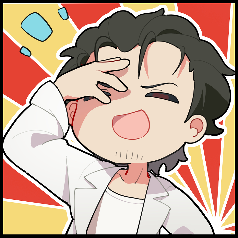 1boy :d artist_request black_hair chibi chibi_only chinese_commentary chuunibyou closed_eyes facial_hair girls&#039;_frontline girls&#039;_frontline_neural_cloud hand_on_own_face laughing official_art okabe_rintarou open_mouth second-party_source smile solo steins;gate stubble