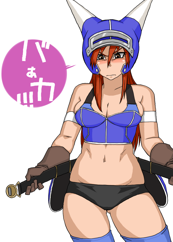 1girl armor bad_id bad_pixiv_id belt black_panties blue_armor breasts brown_eyes brown_gloves brown_hair cleavage closed_mouth contrapposto daisy_(dq) dragon_quest dragon_quest_yuusha_abel_densetsu fake_horns gloves gluteal_fold helmet horned_helmet horns long_hair looking_at_viewer navel panties simple_background solo sorashu straight-on thighhighs underwear white_background