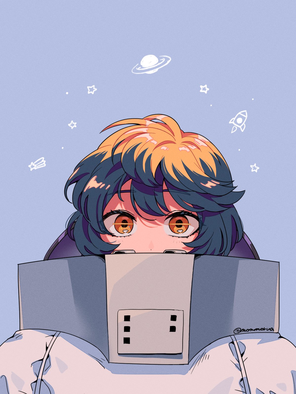 1girl boku_no_hero_academia dark_green_hair unworn_headwear helmet unworn_helmet highres looking_at_viewer mommorua multicolored_hair orange_eyes orange_hair short_hair solo spacesuit superhero_costume thirteen_(boku_no_hero_academia)