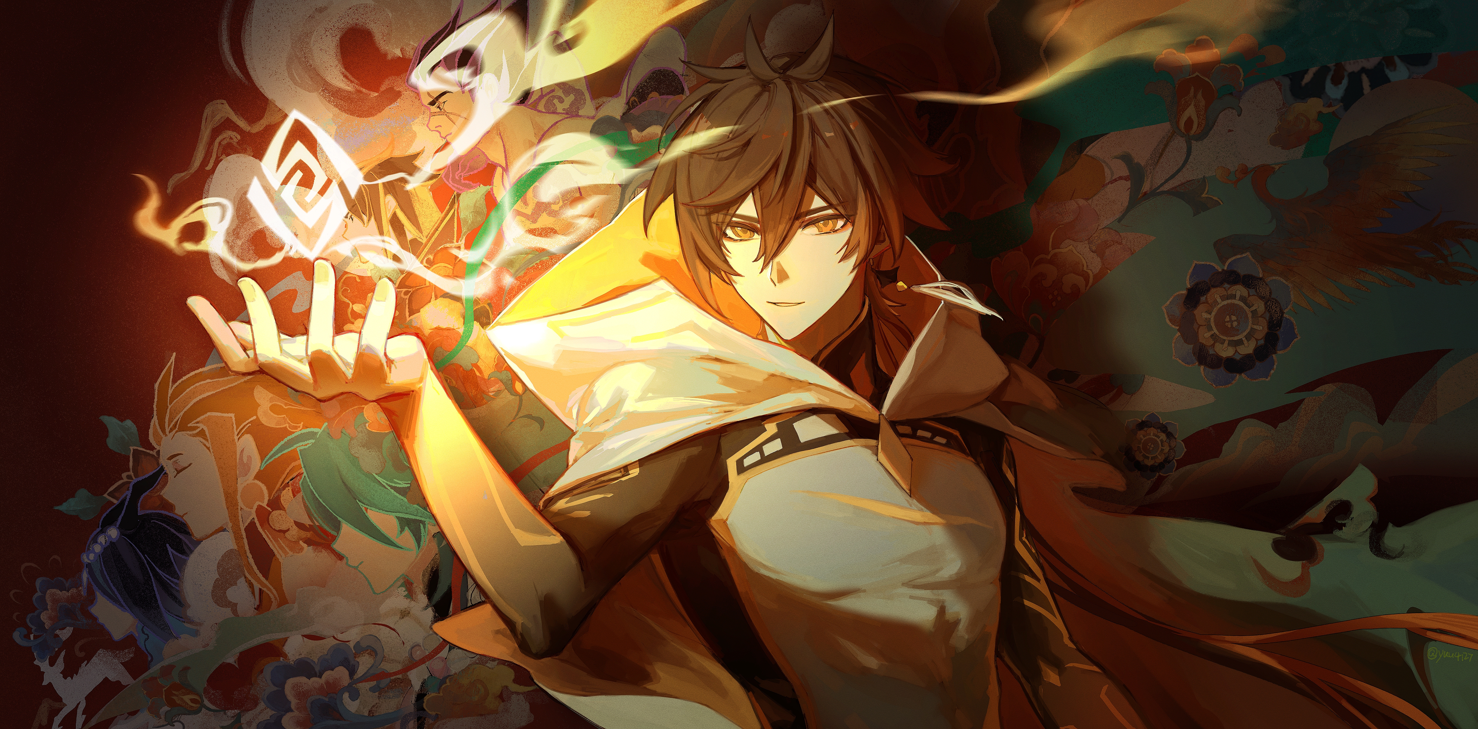2girls 4boys absurdres arm_tattoo black_hands blue_hair bonanus_(genshin_impact) bosacius_(genshin_impact) brown_hair chinese_commentary closed_mouth coat colored_extremities commentary_request dark earrings eyeliner eyeshadow genshin_impact geo_symbol_(genshin_impact) gold_trim gradient_hair green_hair hair_between_eyes hand_up highres hood hooded_coat indarias_(genshin_impact) jewelry light_particles long_hair low_ponytail makeup male_focus menogias_(genshin_impact) multicolored_hair multiple_boys multiple_girls mural ponytail purple_hair red_eyeliner red_eyeshadow red_hair sidelocks single_earring solo_focus tassel tassel_earrings tattoo weapon white_coat xiao_(genshin_impact) yellow_eyes yuu4127 zhongli_(genshin_impact)