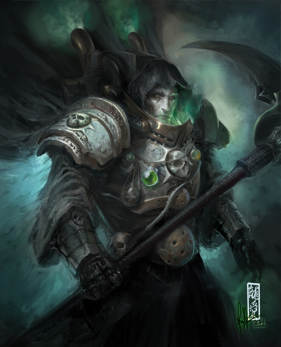 1boy 2014 armor artist_logo artist_name black_cloak black_hood breastplate censer cloak colored_smoke dark_background david-sondered death_guard gauntlets green_eyes green_light grey_armor holding holding_scythe logo male_focus mortarion pale_skin pauldrons power_armor primarch scythe shoulder_armor skull skull_belt skull_ornament smoke tube upper_body vambraces warhammer_40k wrinkled_skin