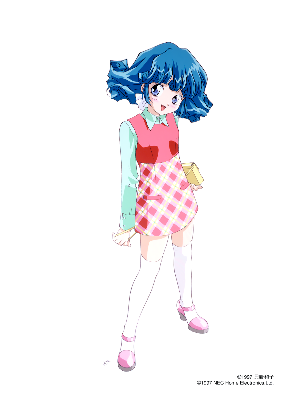 1990s_(style) 1girl aqua_eyes aqua_hair bag blue_eyes copyright_notice dress full_body handbag high_heels highres holding holding_bag long_sleeves looking_at_viewer non-web_source official_art open_mouth over-kneehighs pink_shoes plaid_clothes plaid_dress retro_artstyle rolfee shoes simple_background solo standing tadano_kazuko thighhighs tonari_no_princess_rolfee white_background white_thighhighs