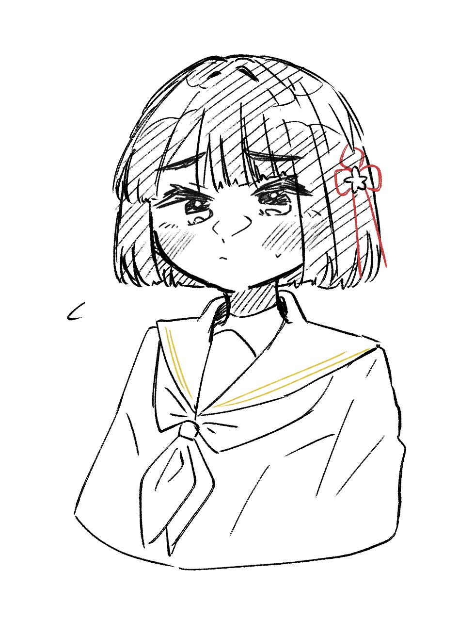 1girl blunt_bangs blunt_ends blush bob_cut closed_mouth commentary cropped_torso dress flower flower_knot frown greyscale hair_flower hair_ornament hasu_no_sora_school_uniform highres link!_like!_love_live! love_live! momose_ginko monochrome neckerchief puripuri_hurai sailor_collar sailor_dress school_uniform short_hair simple_background solo split_mouth spot_color sweatdrop virtual_youtuber white_background winter_uniform