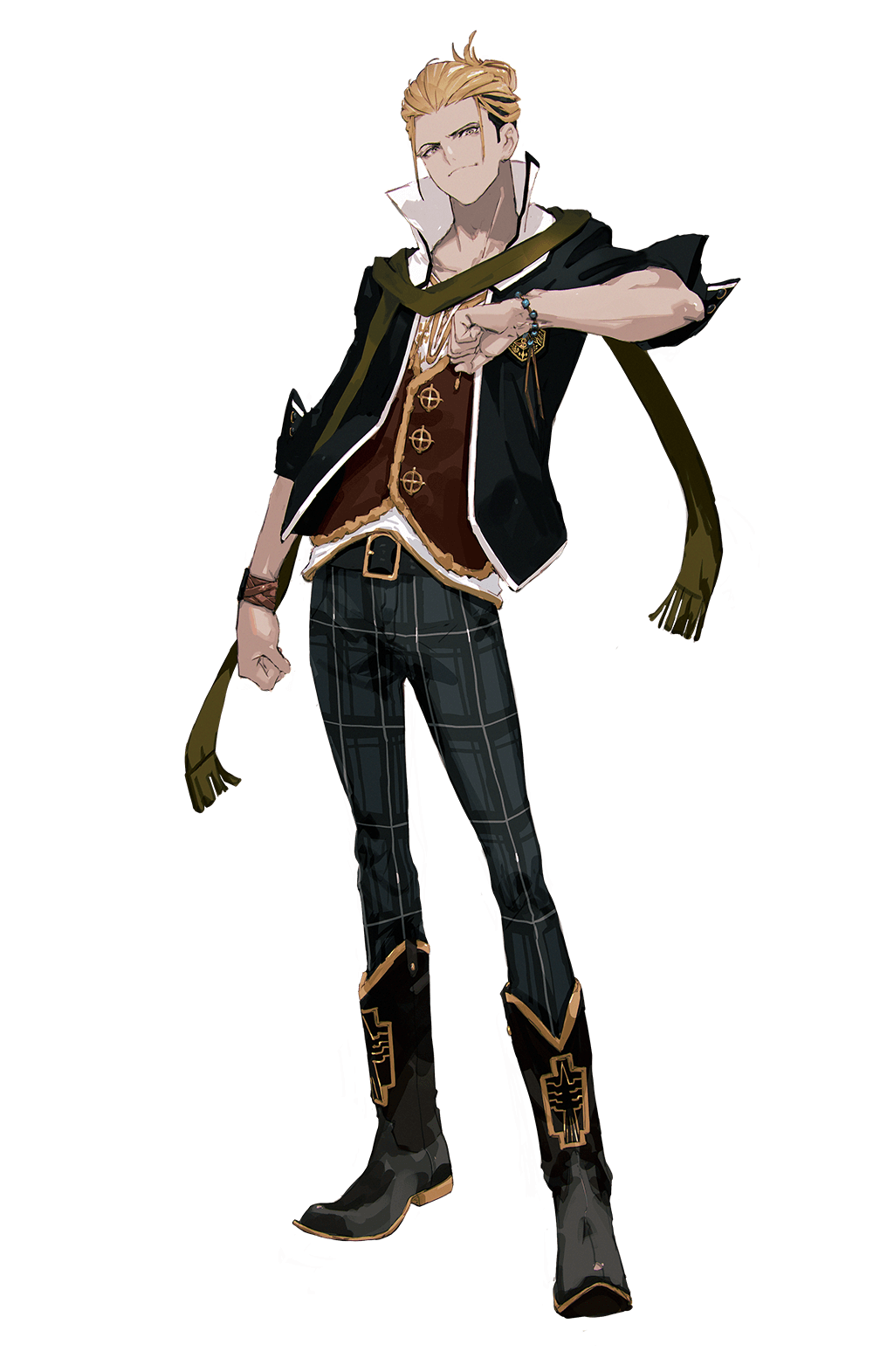 1boy bad_source bead_bracelet beads belt black_hair blonde_hair boots bracelet clenched_hand commentary dark_skin date_ryotaro english_commentary full_body hand_up highres jacket jewelry knee_boots male_focus monark multicolored_hair official_art open_clothes open_jacket pants plaid_clothes plaid_pants scarf simple_background smile so-bin standing sway_back transparent_background turtleneck turtleneck_jacket two-tone_hair undercut yellow_eyes