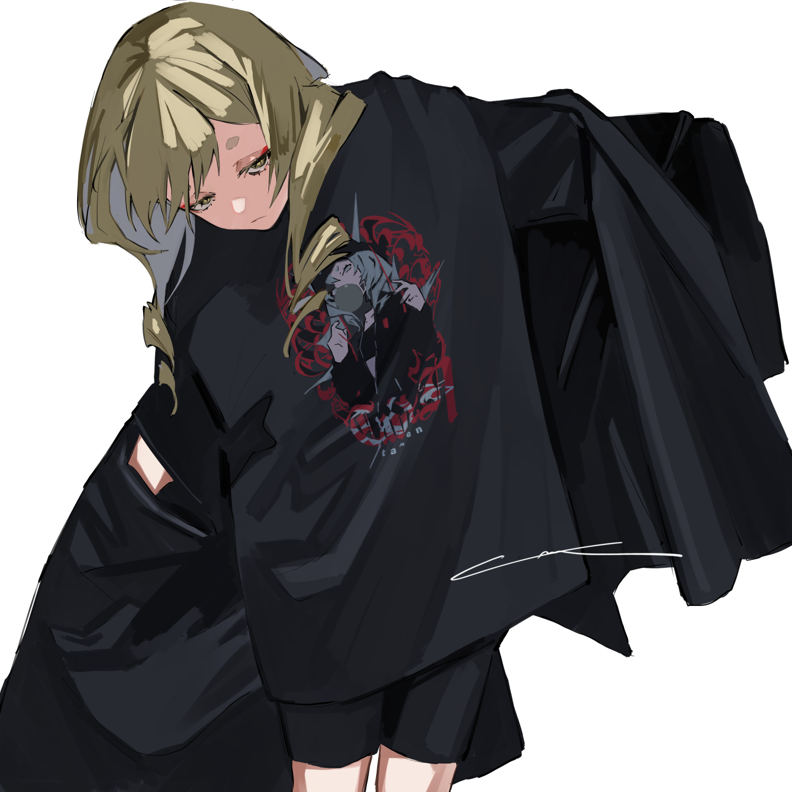 1girl black_jacket black_shirt black_shorts brown_eyes brown_hair closed_mouth highres jacket lam_(ramdayo) long_hair off_shoulder open_clothes open_jacket original shirt short_eyebrows short_sleeves shorts simple_background solo standing thick_eyebrows white_background