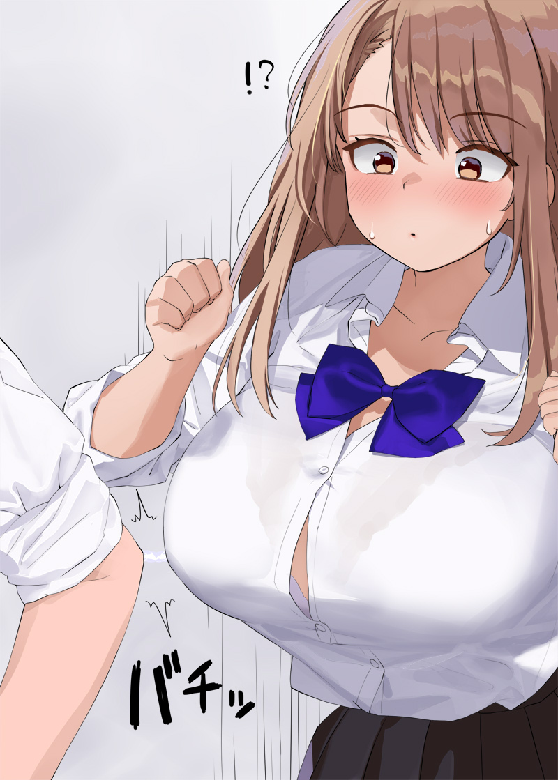 !? 1boy 1girl blue_bow blue_bowtie bow bowtie bra_visible_through_clothes breasts brown_eyes brown_hair button_gap collared_shirt grey_background kaisen_chuui large_breasts medium_hair original school_uniform shirt solo_focus static_electricity white_shirt