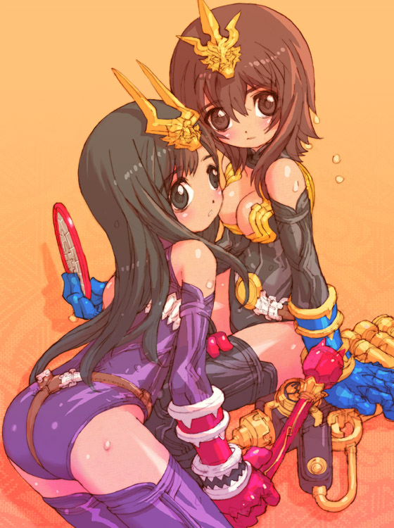 2girls black_hair brown_hair detached_sleeves genderswap genderswap_(mtf) kamen_rider kamen_rider_hibiki kamen_rider_hibiki_(series) kamen_rider_ibuki long_hair multiple_girls nakayama_tooru thighhighs