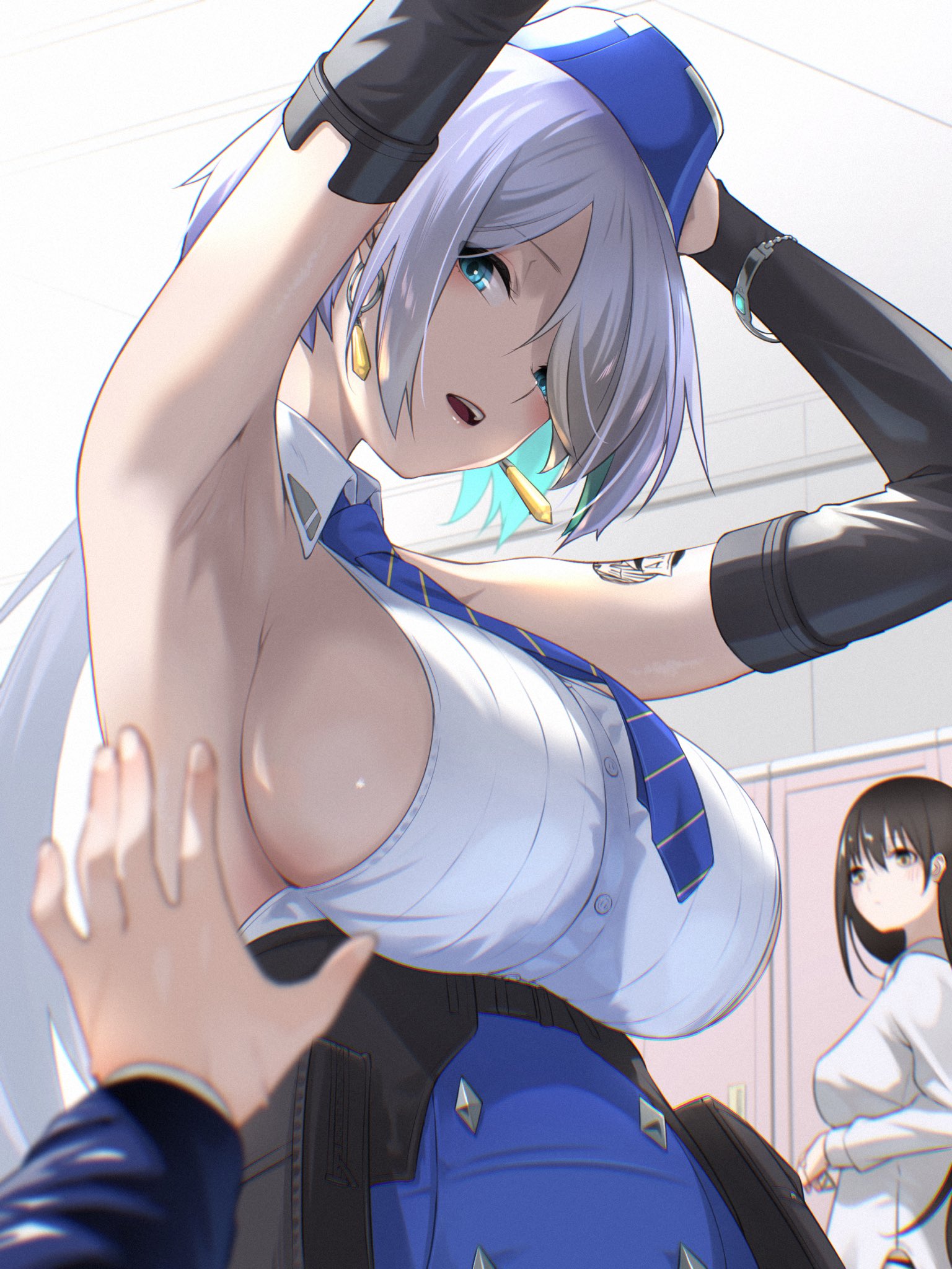 3girls armpits arms_up backless_shirt bare_shoulders belt_pouch black_hair blue_eyes blue_hat blue_jacket blue_necktie bracelet breasts brid_(nikke) bridal_gauntlets brown_eyes closed_mouth collared_shirt commentary cowboy_shot diesel_(nikke) earrings fune_(fune83ojj) garrison_cap goddess_of_victory:_nikke grey_hair hair_between_eyes hair_over_one_eye hat high-waist_skirt highres indoors infinity_rail_(nikke) jacket jewelry large_breasts long_hair long_skirt long_sleeves looking_at_viewer medium_breasts multiple_girls necktie open_mouth pouch pov pov_hands shirt shoulder_tattoo sideboob sideless_shirt sidelocks skirt sleeveless sleeveless_shirt soline_(nikke) standing striped_necktie symbol-only_commentary tattoo teeth upper_teeth_only white_shirt