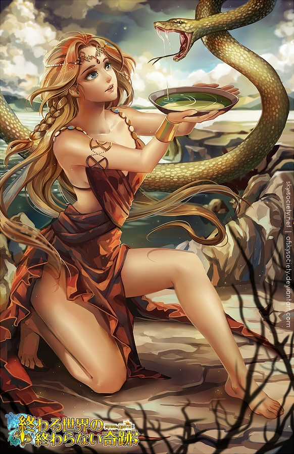 1girl alice_jing armlet bare_legs barefoot blonde_hair braid circlet dress jewelry long_hair plate poison revenge_of_dragoon serpent snake